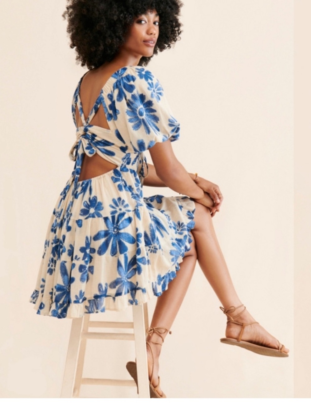 Women's Blue Floral Cutout Tie-Back Dress